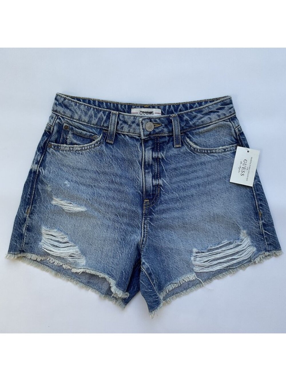 Guess Women’s High Waist Denim Short Blue Destroy Size 27